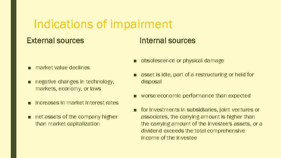 Indications of impairment External sources Internal sources ■ obsolescence or physical damage ■ market