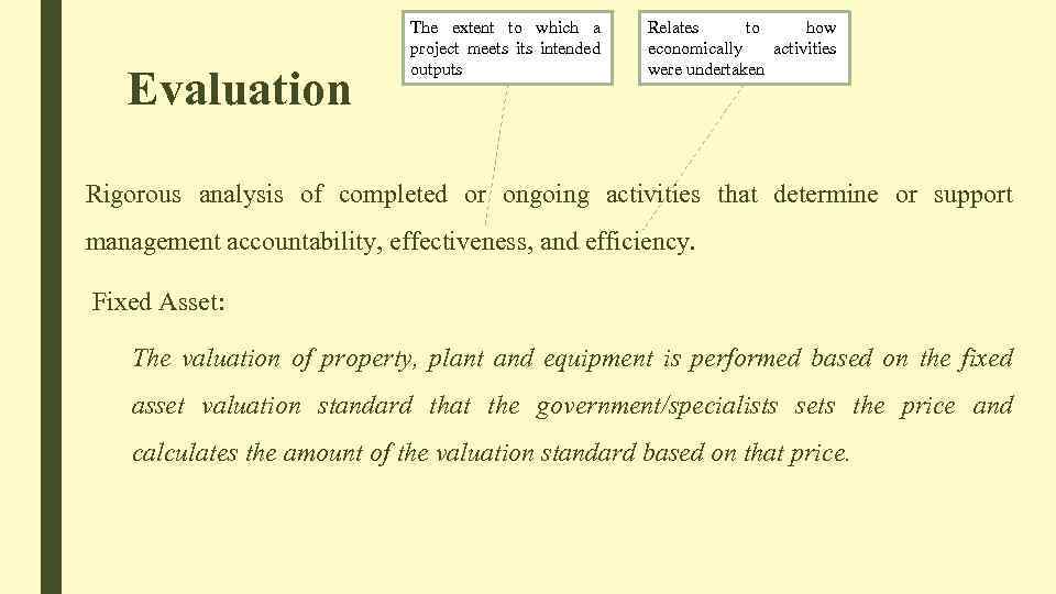 Evaluation The extent to which a project meets intended outputs Relates to how economically