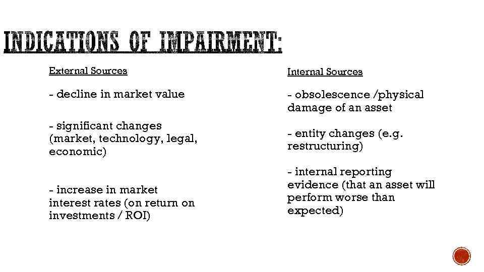 External Sources Internal Sources - decline in market value - obsolescence /physical damage of