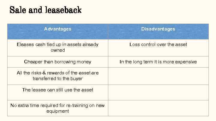 Sale and leaseback Advantages Disadvantages Eleases cash tied up in assets already owned Loss