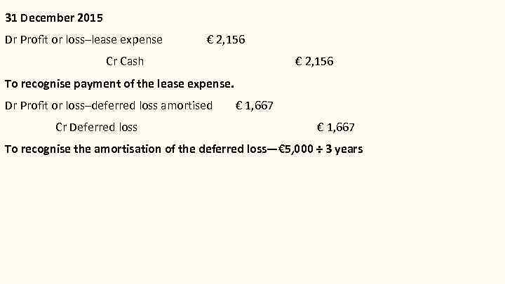 31 December 2015 Dr Profit or loss–lease expense € 2, 156 Cr Cash €