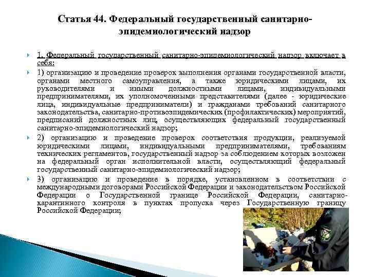 Статья 44. Федеральный государственный санитарноэпидемиологический надзор 1. Федеральный государственный санитарно-эпидемиологический надзор включает в себя: