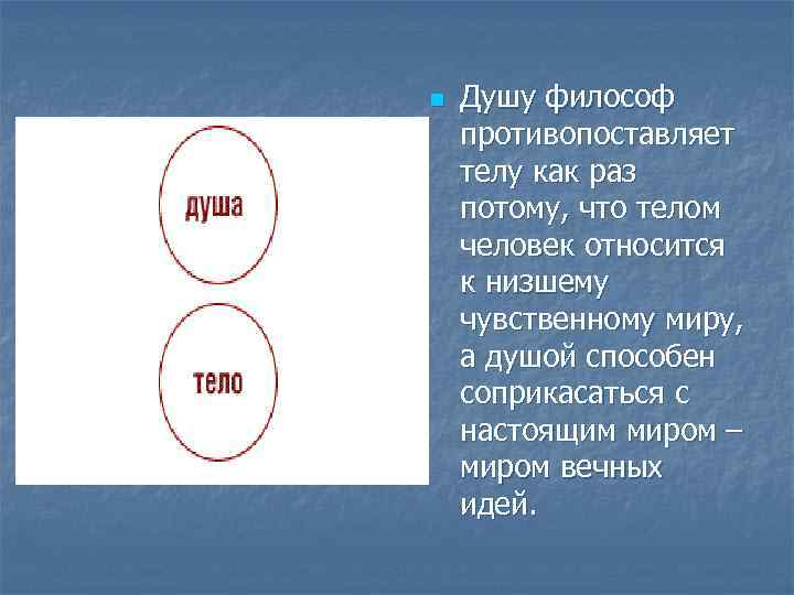 n Душу философ противопоставляет телу как раз потому, что телом человек относится к низшему
