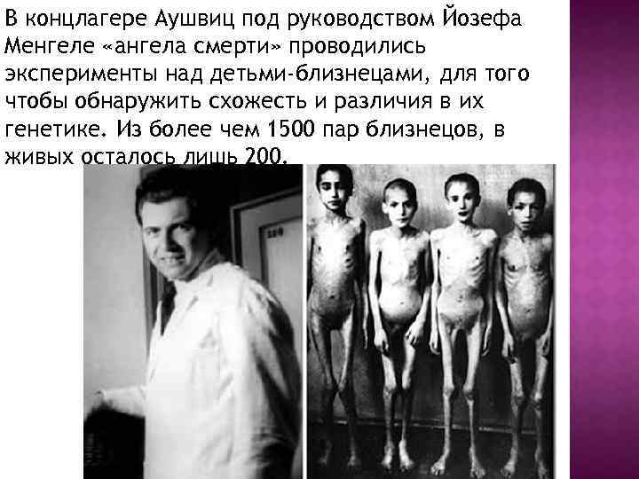 В концлагере Аушвиц под руководством Йозефа Менгеле «ангела смерти» проводились эксперименты над детьми-близнецами, для