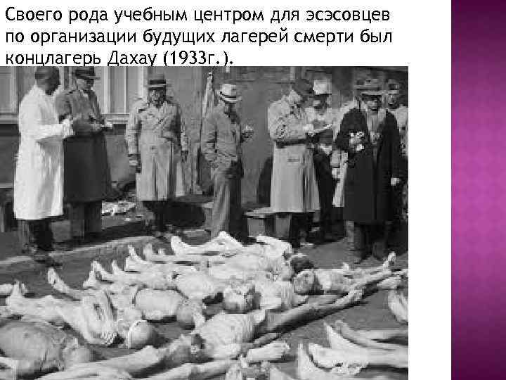 Своего рода учебным центром для эсэсовцев по организации будущих лагерей смерти был концлагерь Дахау