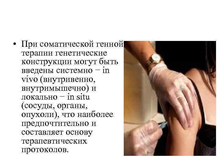  • При соматической генной терапии генетические конструкции могут быть введены системно − in