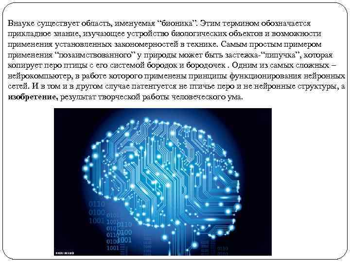 Внауке существует область, именуемая “бионика”. Этим термином обозначается прикладное знание, изучающее устройство биологических объектов