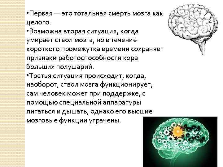  • Первая — это тотальная смерть мозга как целого. • Возможна вторая ситуация,