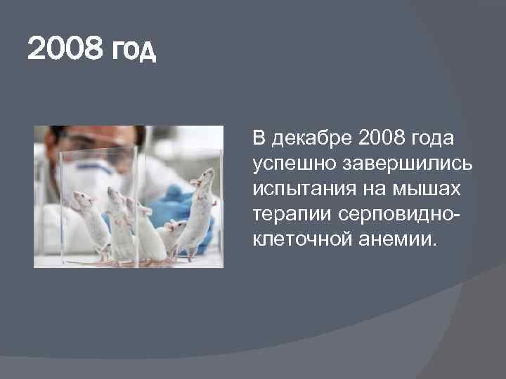 2008 год В декабре 2008 года успешно завершились испытания на мышах терапии серповидноклеточной анемии.