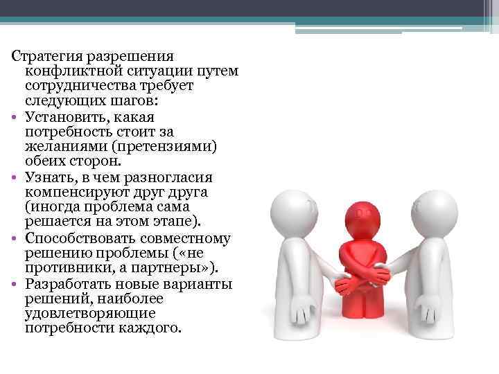 Стратегия разрешения конфликтной ситуации путем сотрудничества требует следующих шагов: • Установить, какая потребность стоит