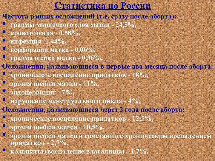 Статистика по России Частота ранних осложнений (т. е. сразу после аборта): • травмы мышечного