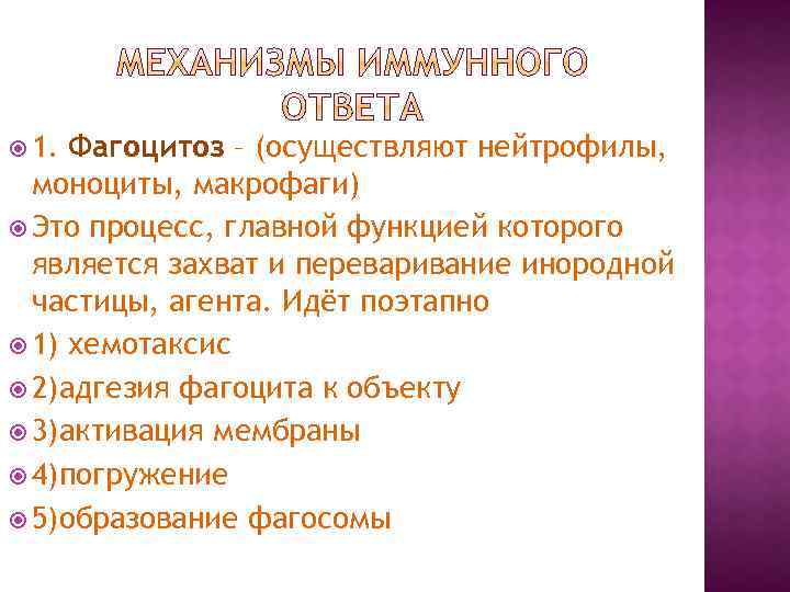  1. Фагоцитоз – (осуществляют нейтрофилы, моноциты, макрофаги) Это процесс, главной функцией которого является