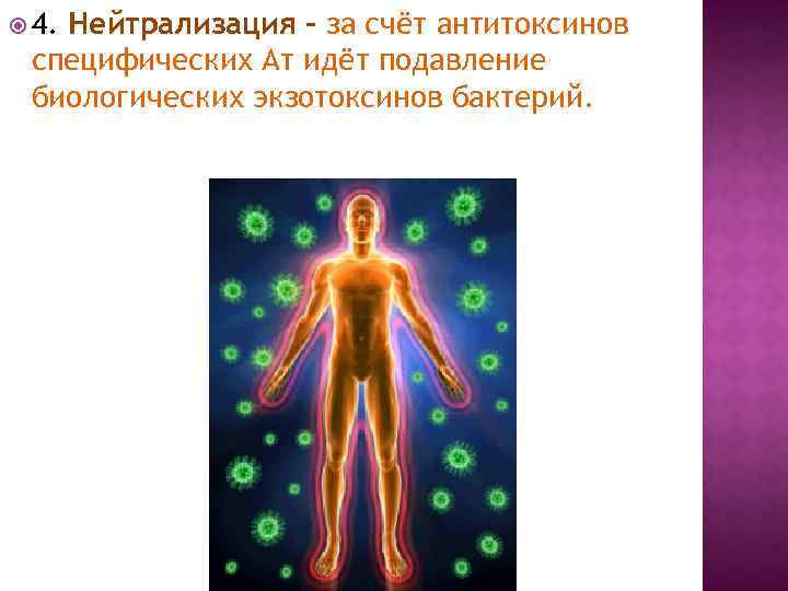  4. Нейтрализация – за счёт антитоксинов специфических Ат идёт подавление биологических экзотоксинов бактерий.