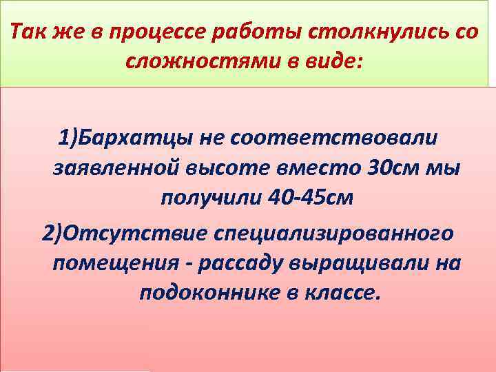 Так же в процессе работы столкнулись со сложностями в виде: 1)Бархатцы не соответствовали заявленной