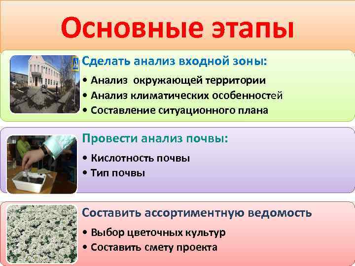 Основные этапы Сделать анализ входной зоны: • Анализ окружающей территории • Анализ климатических особенностей
