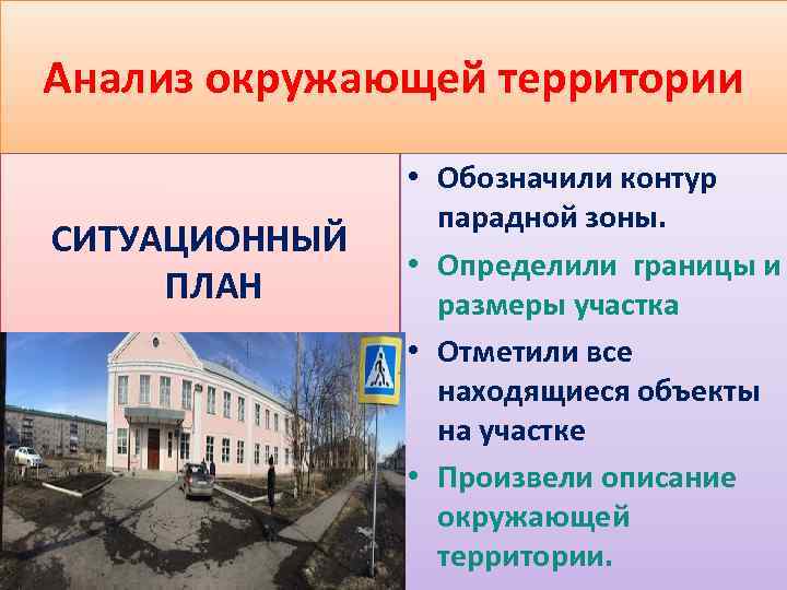 Анализ окружающей территории СИТУАЦИОННЫЙ ПЛАН • Обозначили контур парадной зоны. • Определили границы и
