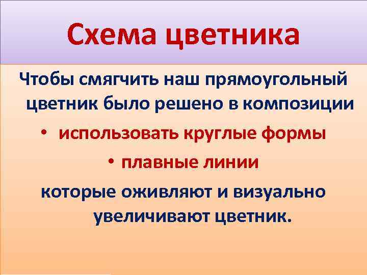 Схема цветника Чтобы смягчить наш прямоугольный цветник было решено в композиции • использовать круглые