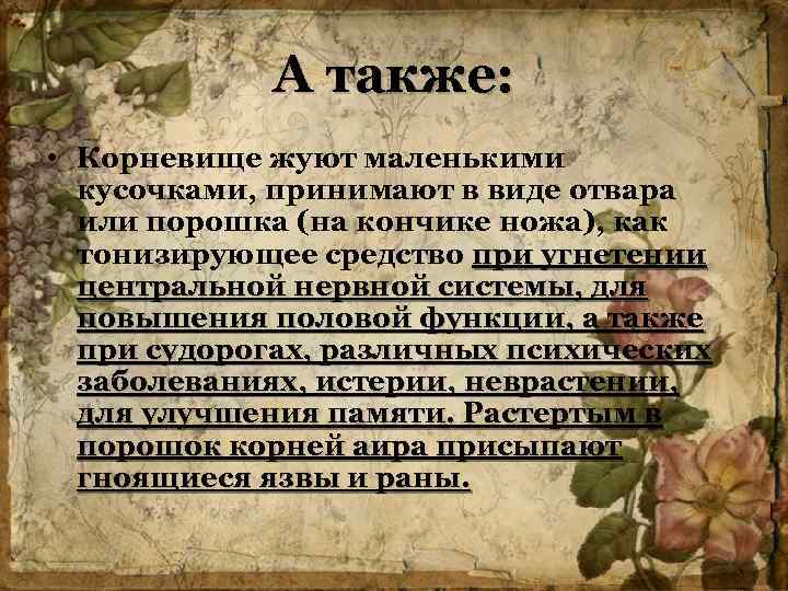 А также: • Корневище жуют маленькими кусочками, принимают в виде отвара или порошка (на