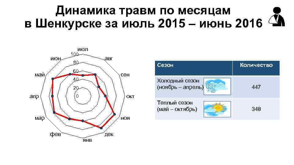 Динамика травм по месяцам в Шенкурске за июль 2015 – июнь 2016 июл июн