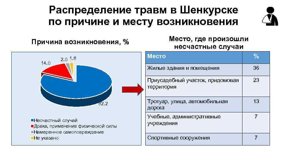 Распределение травм в Шенкурске по причине и месту возникновения Место, где произошли несчастные случаи