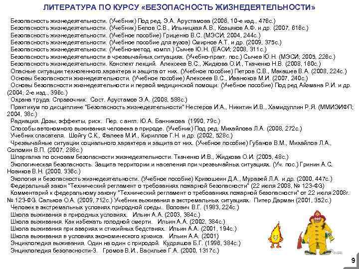 ЛИТЕРАТУРА ПО КУРСУ «БЕЗОПАСНОСТЬ ЖИЗНЕДЕЯТЕЛЬНОСТИ» Безопасность жизнедеятельности. (Учебник) Под ред. Э. А. Арустамова (2006,