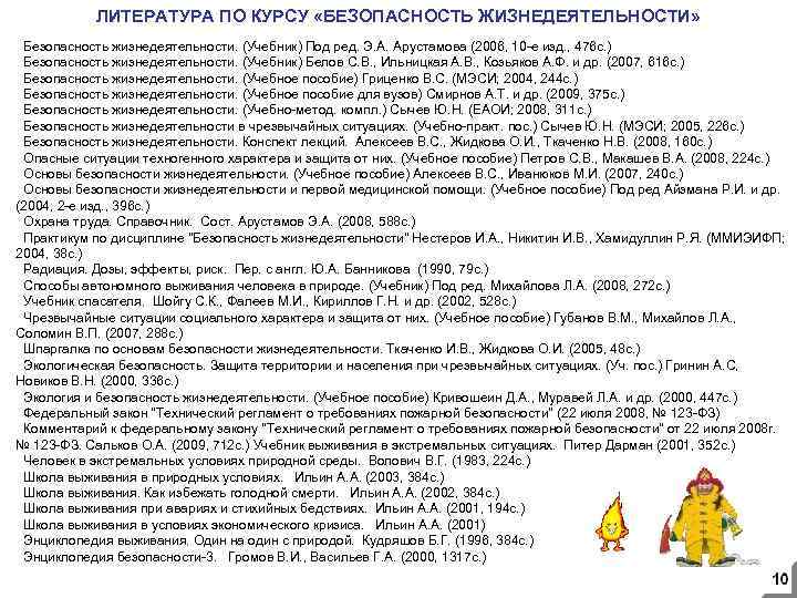 ЛИТЕРАТУРА ПО КУРСУ «БЕЗОПАСНОСТЬ ЖИЗНЕДЕЯТЕЛЬНОСТИ» Безопасность жизнедеятельности. (Учебник) Под ред. Э. А. Арустамова (2006,