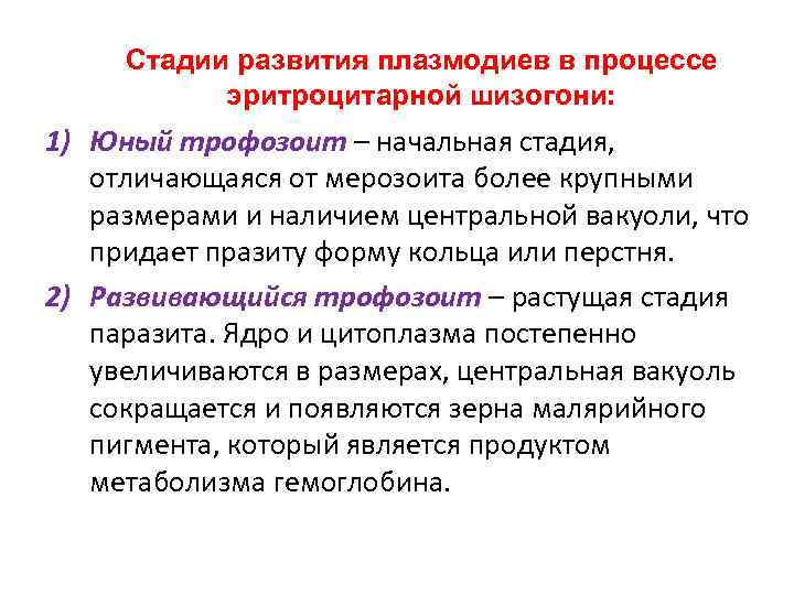 Стадии развития плазмодиев в процессе эритроцитарной шизогони: 1) Юный трофозоит – начальная стадия, отличающаяся