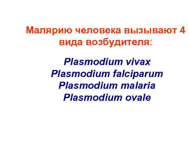 Малярию человека вызывают 4 вида возбудителя: Plasmodium vivax Plasmodium falciparum Plasmodium malaria Plasmodium ovale