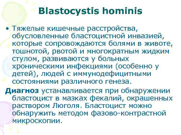 Blastocystis hominis • Тяжелые кишечные расстройства, обусловленные бластоцистной инвазией, которые сопровождаются болями в животе,