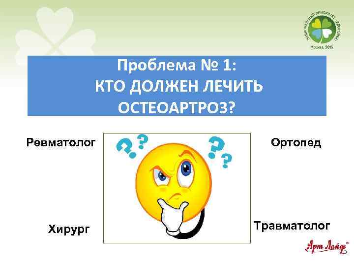 Проблема № 1: КТО ДОЛЖЕН ЛЕЧИТЬ ОСТЕОАРТРОЗ? Ревматолог Хирург Ортопед Травматолог 