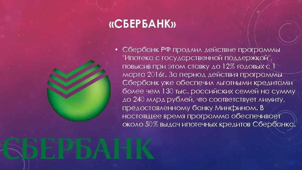  «СБЕРБАНК» • Сбербанк РФ продлил действие программы "Ипотека с государственной поддержкой", повысив при