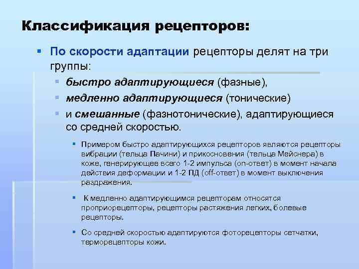 Классификация рецепторов: § По скорости адаптации рецепторы делят на три группы: § § §