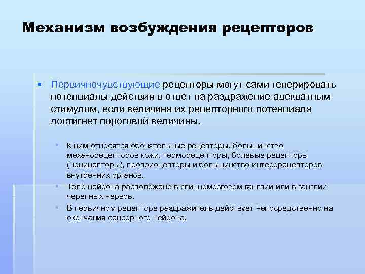 Механизм возбуждения рецепторов § Первичночувствующие рецепторы могут сами генерировать потенциалы действия в ответ на