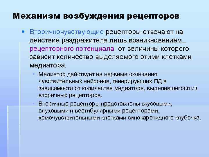 Механизм возбуждения рецепторов § Вторичночувствующие рецепторы отвечают на действие раздражителя лишь возникновением рецепторного потенциала,