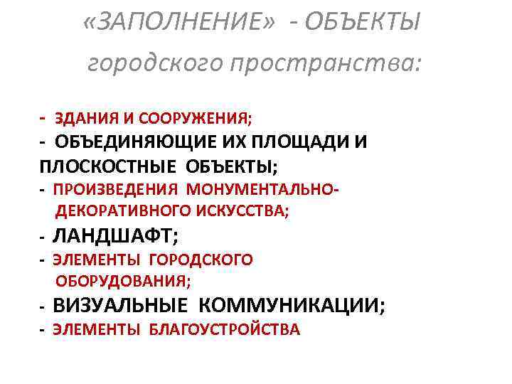  «ЗАПОЛНЕНИЕ» - ОБЪЕКТЫ городского пространства: - ЗДАНИЯ И СООРУЖЕНИЯ; - ОБЪЕДИНЯЮЩИЕ ИХ ПЛОЩАДИ