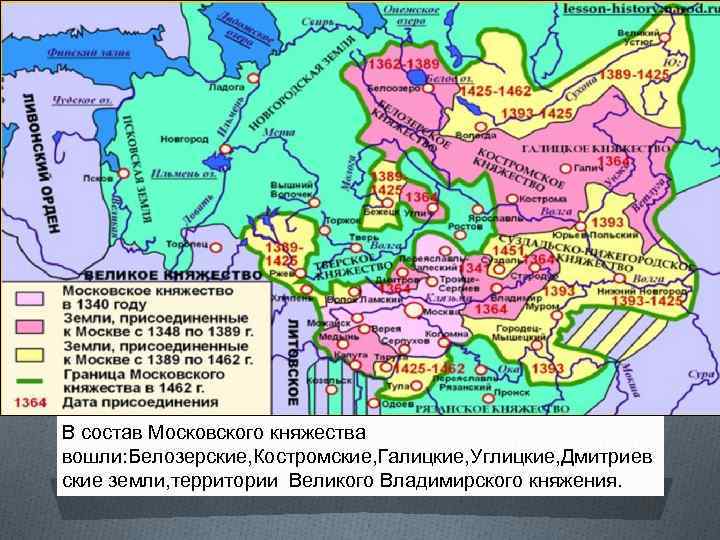 В состав Московского княжества вошли: Белозерские, Костромские, Галицкие, Углицкие, Дмитриев ские земли, территории Великого