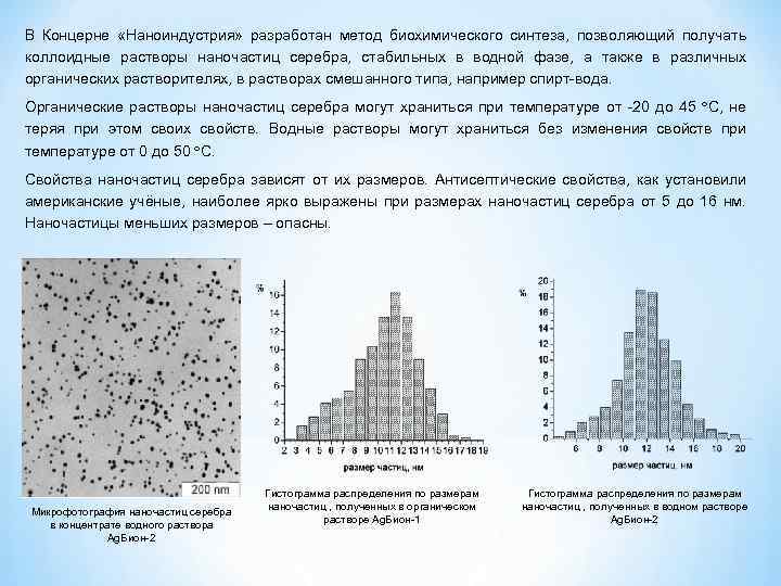 В Концерне «Наноиндустрия» разработан метод биохимического синтеза, позволяющий получать коллоидные растворы наночастиц серебра, стабильных