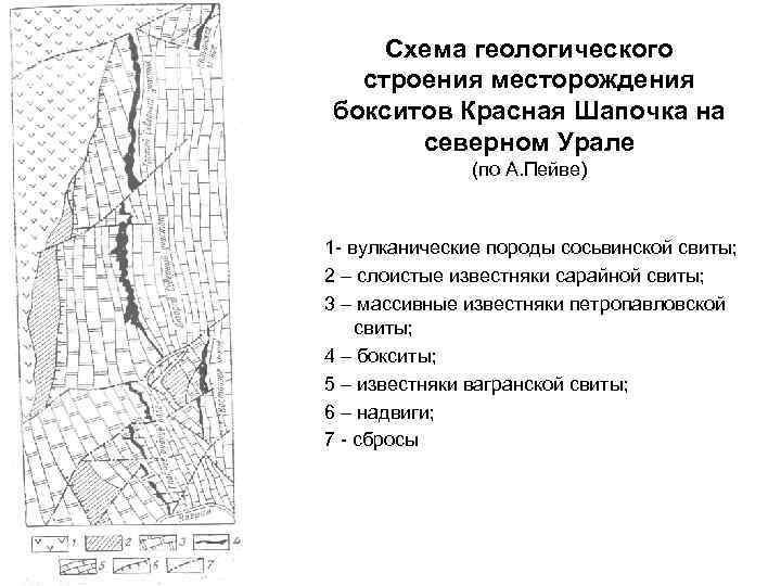 Схема геологического строения месторождения бокситов Красная Шапочка на северном Урале (по А. Пейве) 1