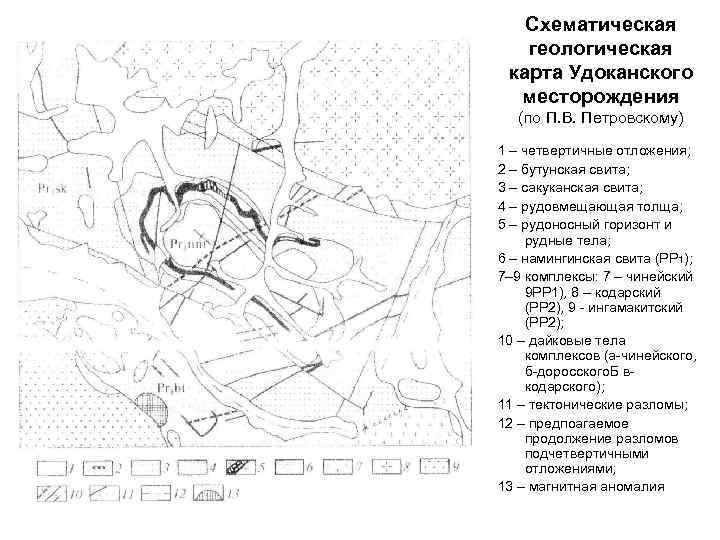 Схематическая геологическая карта Удоканского месторождения (по П. В. Петровскому) 1 – четвертичные отложения; 2