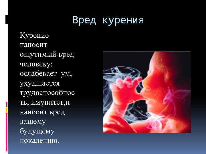 Вред курения Курение наносит ощутимый вред человеку: ослабевает ум, ухудшается трудоспособнос ть, имунитет, и