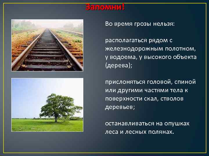 Запомни! Во время грозы нельзя: располагаться рядом с железнодорожным полотном, у водоема, у высокого