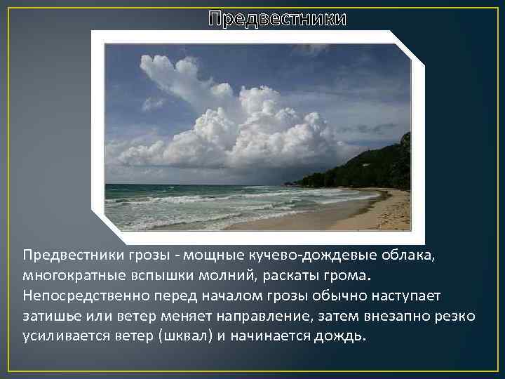 Предвестники грозы - мощные кучево-дождевые облака, многократные вспышки молний, раскаты грома. Непосредственно перед началом