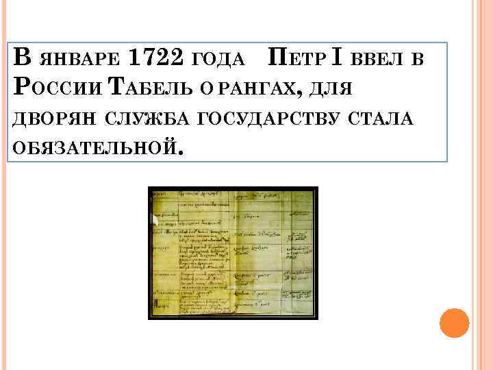 В ЯНВАРЕ 1722 ГОДА ПЕТР I ВВЕЛ В РОССИИ ТАБЕЛЬ О РАНГАХ, ДЛЯ ДВОРЯН