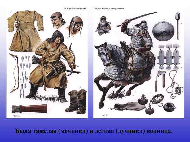 Была тяжелая (мечники) и легкая (лучники) конница. 