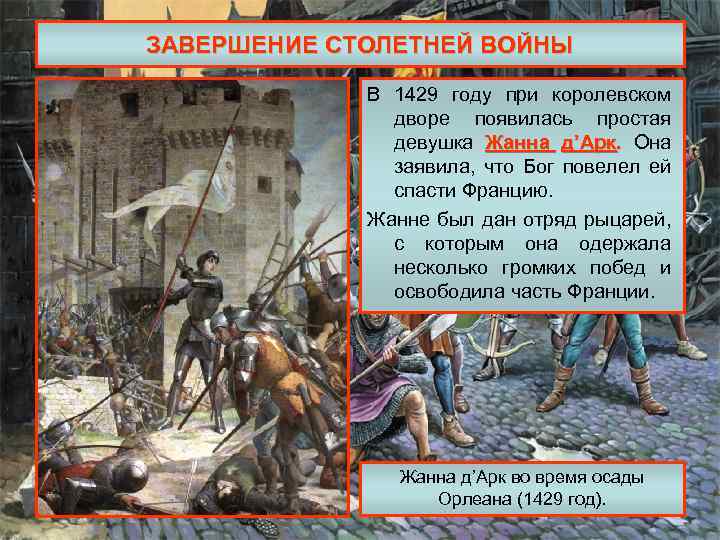ЗАВЕРШЕНИЕ СТОЛЕТНЕЙ ВОЙНЫ В 1429 году при королевском дворе появилась простая девушка Жанна д’Арк.