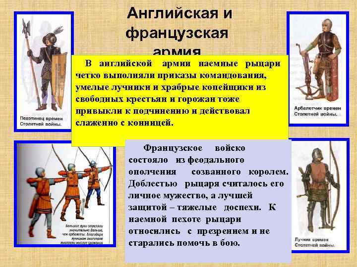 Английская и французская армия В английской армии наемные рыцари четко выполняли приказы командования, умелые