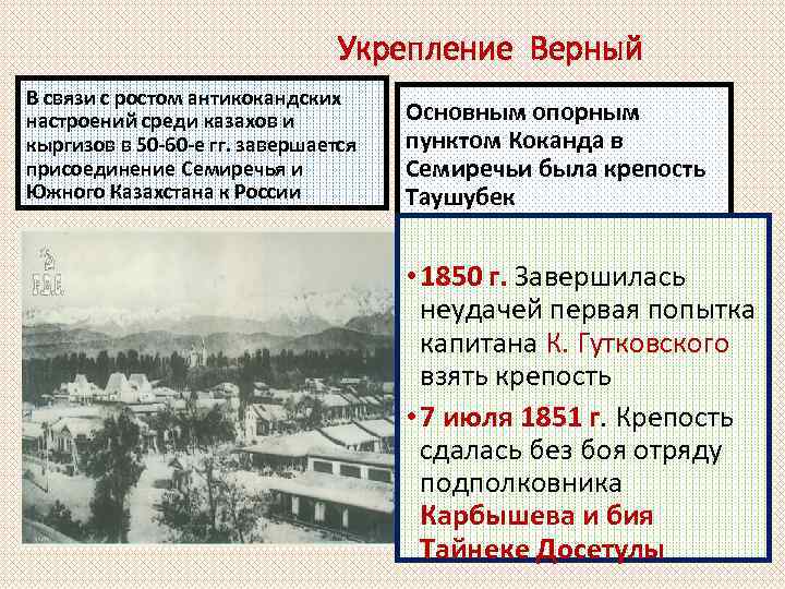 Укрепление Верный В связи с ростом антикокандских настроений среди казахов и кыргизов в 50