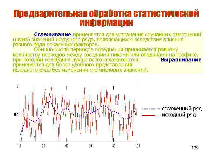 Предварительная обработка статистической информации Сглаживание применяется для устранения случайных отклонений (шума) значений исходного ряда,