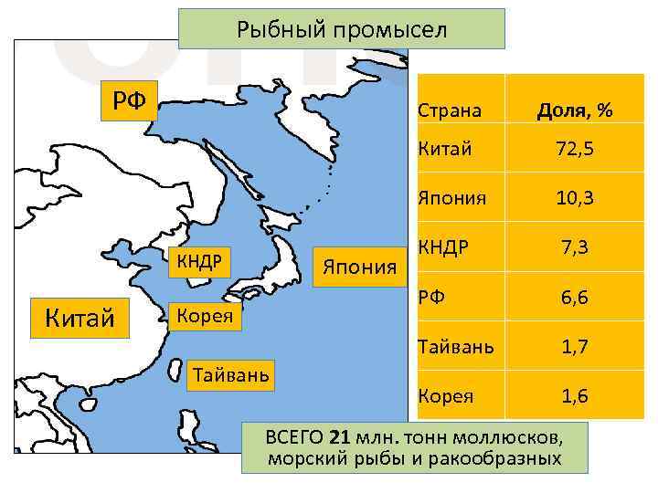 Рыбный промысел РФ Страна Китай Тайвань КНДР 7, 3 6, 6 Тайвань Корея 10,