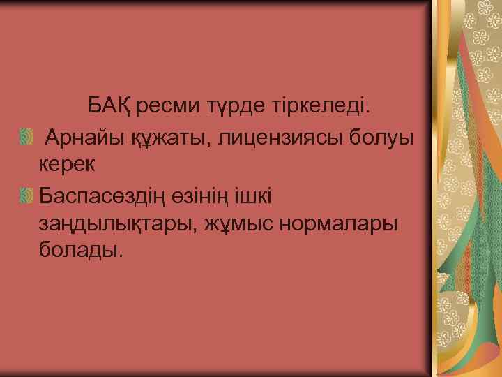 БАҚ ресми түрде тіркеледі. Арнайы құжаты, лицензиясы болуы керек Баспасөздің өзінің ішкі заңдылықтары, жұмыс